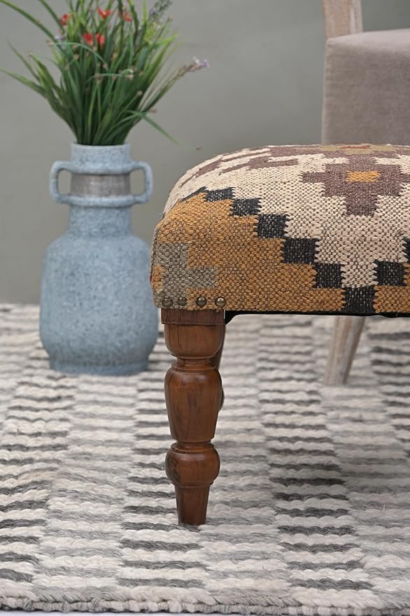 Handmade Jute Soft Ottomans Square Shape Stool for Sitting and Foot Rest with Wooden Legs, Entryway Modern Stool for Living Room, Bedroom, Hall (Yellow, L 15.74 x W 15.74 x H 14 inch)