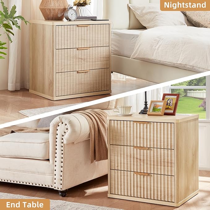 LEYAOYAO Fluted Nightstand Set of 2 with Charging Station,23" Modern Nightstand with Woodgrain Top, 3 Drawer End Table w/Storage, BedsideTables for Bedroom, Living Room, Curved Profile,Wood