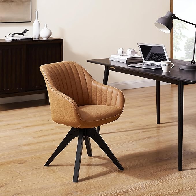 Art Leon Office Chair No Wheels, Mid Century Modern Desk Chair, Swivel Accent Chair with Oak Wood Legs, Faux Leather Upholstered Armchair for Desk, Brown