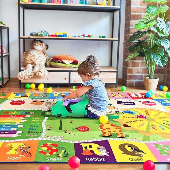 6x9 Playroom Rugs for Kids Washable, Educational and Fun Playmat with ABC Alphabet Animals Shapes Colors, Non-Slip Play Mat Learning Rugs for Baby Toddler Children Game Activity