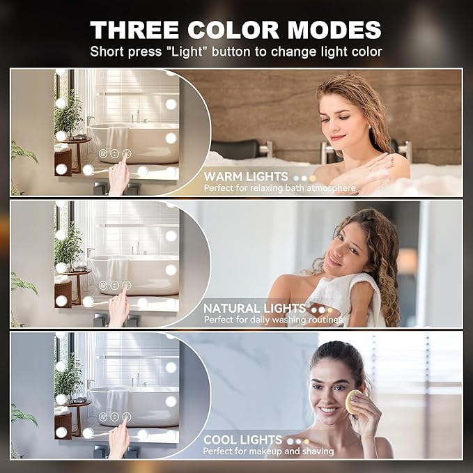 Hasipu LED Bathroom Mirror with Lights, 71" x 36" Hollywood Wall-Mounted Bathroom Mirror with 30 Dimmable Bulbs, 3 Colors Modes, Touch Control, Anti-Fog, Memory Function, Shatter-Proof, ETL Listed