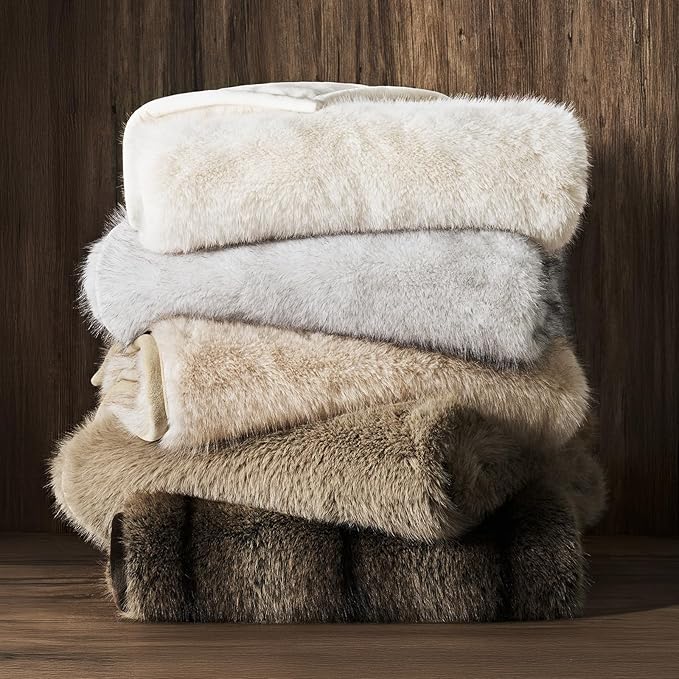 Luxury Faux Fur Throw Blanket, Soft Fluffy Faux Mink Blankets for Bed, Couch, Sofa, Thick Cozy Plush Warm Fur Throws with Reversible Velvet, Ombré Sable Brown, 60"x80"