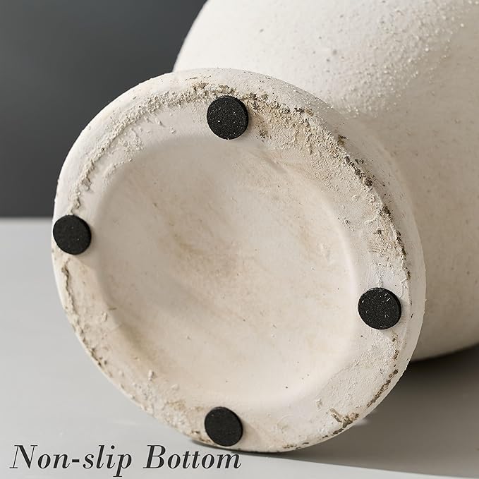 Ceramic Rustic Flower Vase with Handles, 8.46 Inch Tall Vintage Pottery Home Decor, Farmhouse Terracotta Vase for Living Room, Table, Shelf, Mantel Decoration, Farmhouse- White