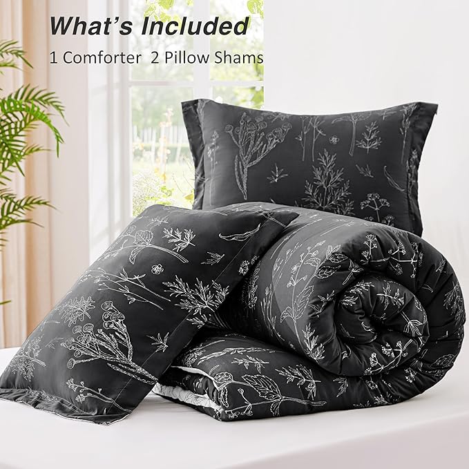 Love's cabin Black Full Size Comforter Set - Full Comforter Set, 3 Pieces Cute Floral Bedding Sets for All Seasons,1 Soft Reversible Botanical Flowers Comforter and 2 Pillow Shams