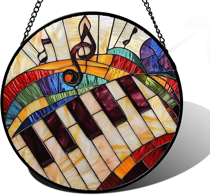 Stained Glass Window Hanging, Piano Notes Sun Catchers Glass Panel Suncatcher Decor for Birthday for Women, Men, Wife, Aunt, and Mom 9.8 in