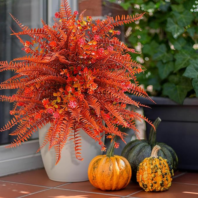 Artificial Topiary Ball Trees with Ground Spikes UV Resistant Faux Greenery Shrubs Fake Shrubs for Outdoors, Realistic Faux Plants Bushes for Garden Porch Yard Patio Decor (Orange Fern)