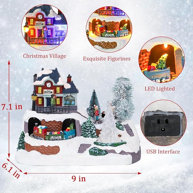 VCUTEKA Christmas Village Houses, Rotating Train with Crystal Tree and Peoples Lighted Musical Christmas Village Collectible Building for Xmas Indoor Decorations or Holiday Table Displays