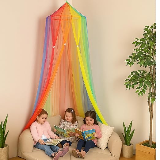 Constructive Playthings - KDK-94 Rainbow Retreat Canopy for Kids, Hanging Multi-Colored Mesh Net for Playroom, Classroom, or Bedroom