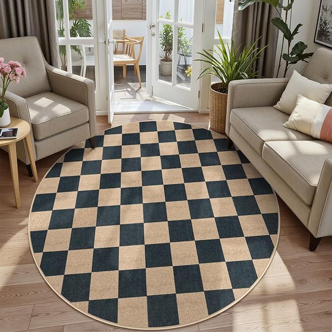 Lahome Checkered Round Rugs 6ft, Outdoor Patio Easy Jute Rug Indoor Outdoor Circle Carpet, Farmhouse Nature Non Shedding Non Slip Washable Black Carpet for Living Room Entry Deck