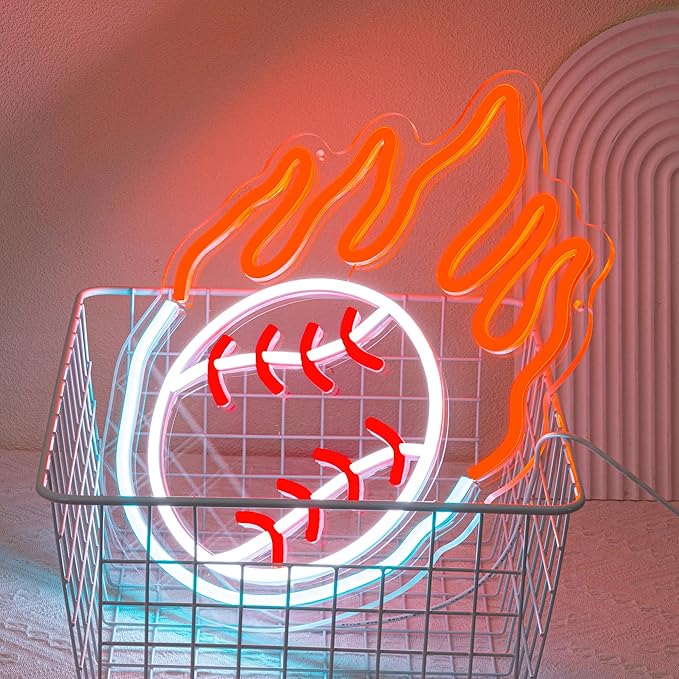 Baseball Neon Sign for Wall Decor Dimmable Baseball On Fire Neon Light Colorful LED Neon Light Sport Neon Signs USB Powered Neon Sign for Bedroom Field Club Man Cave Decoration