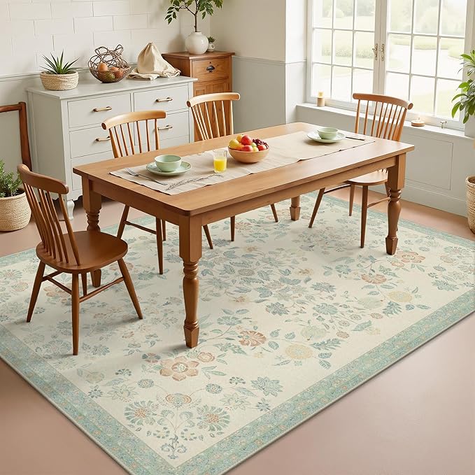 GENIMO 6x9 Area Rugs for Living Room, Machine Washable Non Slip Vintage Rugs, Low Pile Lightweight Chenille Print Rug for Bedroom, Dining Room, Home Office, Beige/Green