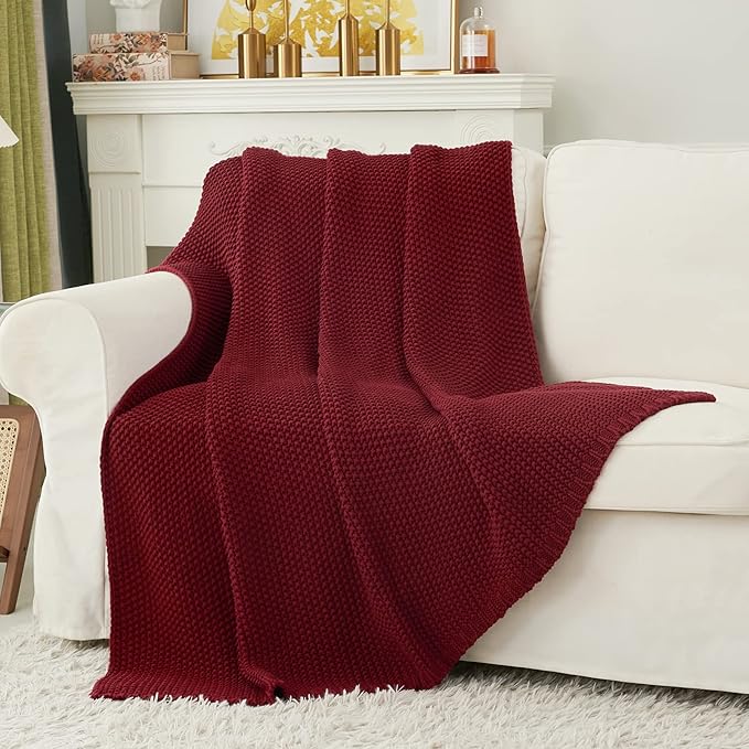 Chunky Cable Knit Throw Blanket Lightweight Wine red 100% Organic Cotton Blanket for Sofa Couch Bed Baby Nursery, Rustic Shabby Chic Modern Farmhouse, 60” x 80” Give Laundering Bag