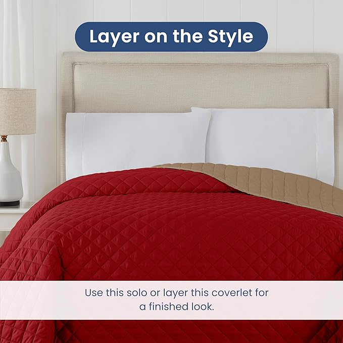 Martex Reversible Coverlet – King Bed Quilt – Lightweight King Size Bedding – Durable King Size Quilts for Bed – Soft - Easy Care Bedding – Khaki/Red