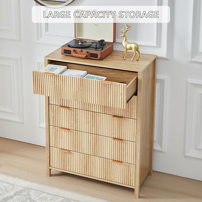 5 Drawer Dressers for Bedroom, Modern Closet Chest of Drawers with Waveform Fluted Panel, Large Wood Storage Dresser Organizer for Nursery Bedroom Living Room Hallway Closet, Natural