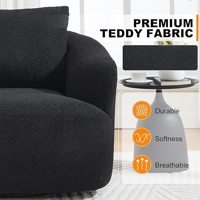 Luxlen Swivel Accent Chair with Pillow for Living Room, Teddy Fleece Upholstered Single Sofa, 360° Rotating Barrel Chair with Metal Base for Bedroom, Office, Apartment - Black
