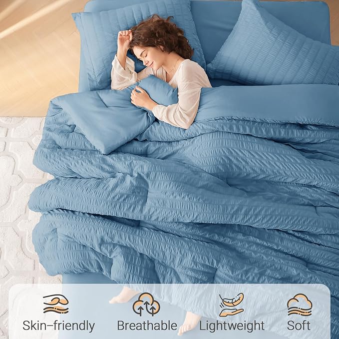 MUXHOMO 7 Pieces King Comforter Set, Seersucker Bed in a Bag King Size, All Season Luxury Bedding Set with Comforter, Flat Sheet, Fitted Sheet, Pillowcases & Shams, Mineral Blue