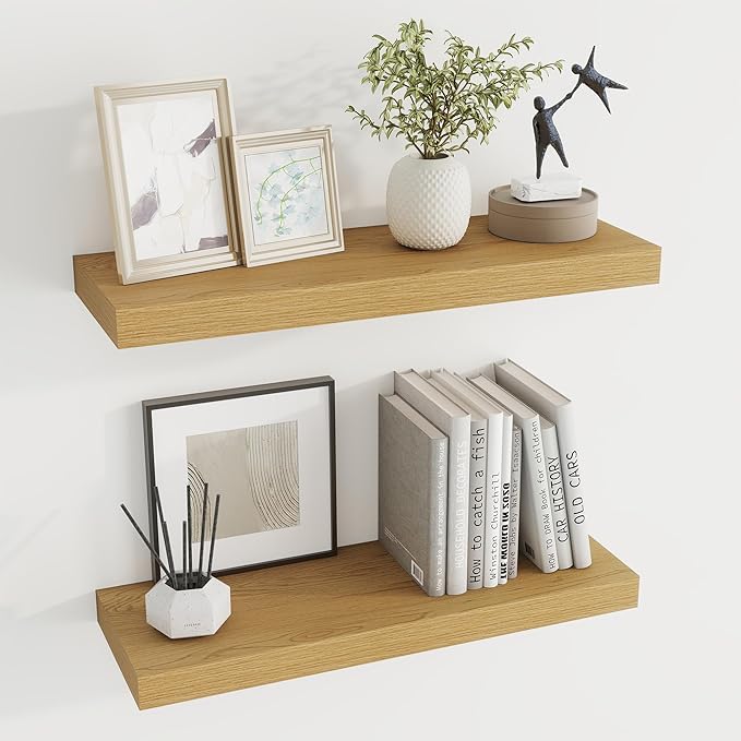 Dreamland 24 inch Floating Shelves Long Floating Shelves for Wall Large Wall Mounted Shelves with Invisible Brackets, Oak Shelves for Bathroom, Living Room, Kitchen, Office, 24x6.7 inch deep Set of 2