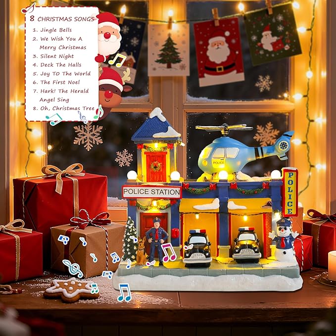 VCUTEKA Animated Christmas Village Houses, Lighted Musical Police Station Scene with Helicopter, Patrol Car, Dog, Victorian Xmas Village Collectible Building for Holiday Home Table Display Décor