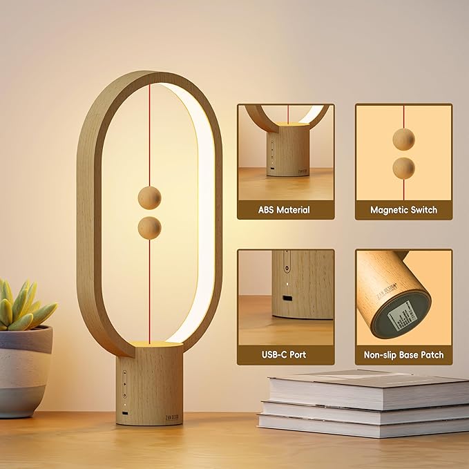 Table Lamp for Bedroom - Balance Lamp,Bedside Lamp with Touch Dimmer,Christmas Gifts,Nightstand Lamp,3 Level Brightness Rechargered Night Light for Home,Office,College Dorm (Wood Color)