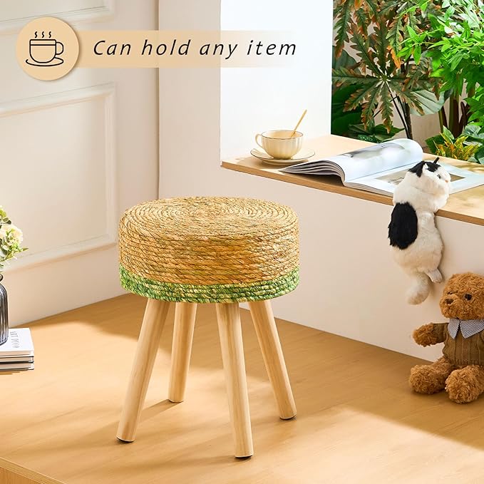 Handwoven Outdoor Ottoman, Water Hyacinth Pouf Round Patio Footstool with Wood Legs, 17-Inch Multipurpose Vanity Stool, Dining Chair, Patio Footrest for Balcony and Garden, Green