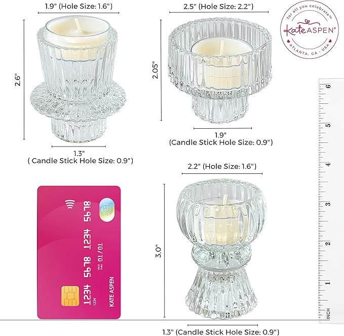 Kate Aspen Vintage Ribbed Glass Black Candlestick Holders, Pillar Candle, Tealight & Votive Candle Holders (Set of 6, 3 Assorted Sizes), Dining Table Decor, Shelf Decor, Centerpiece