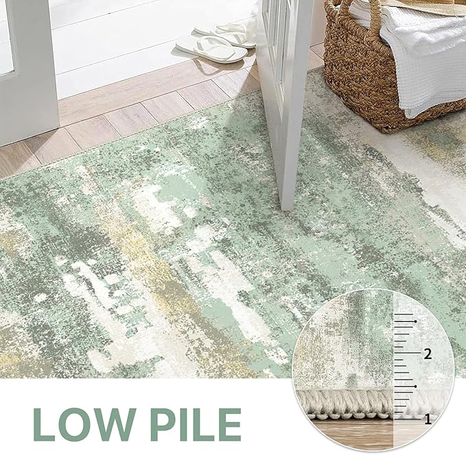Kitchen Rug Set 2 Piece, 17"x47"+17"x30" Modern Abstract Machine Washable Rug Runner for Hallway, Low Pile Soft Indoor Floor Mat with Non-Slip Backing, Light Green
