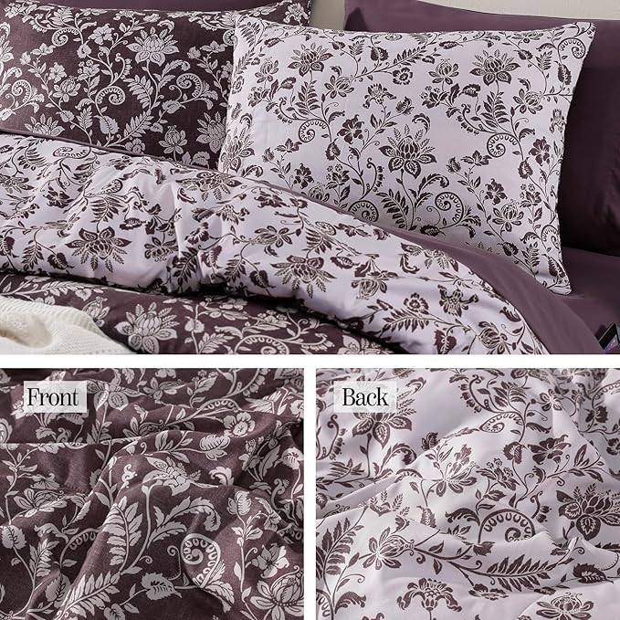 King Comforter Set -7 Pieces Floral Dark Purple Comforter Set for All Seasons, Bed in a Bag King with Botanical Flowers Comforter, Sheets, Pillowcases & Shams