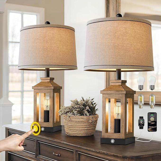 BOBOMOMO 23.75" Natural Wood Farmhouse Table Lamps Set of 2 – Retro Nightstand Lamps with 3 Way Dimmable Touch Control Night Light & USB A+C Ports, Rustic Lamps for Living Room, Bedroom, Entryway