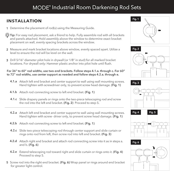MODE Industrial Room Darkening Collection 1 1/8" Diameter Industrial Curtain Rod Set with Steel Wall Mounted Adjustable Curtain Rod, Blocks Light, Fits 36” to 72” Windows, Dark Brown