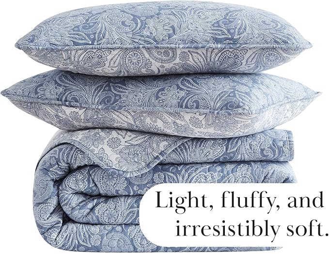 Southshore Fine Living, Inc. Twin XL Quilt Bedding Set, Dorm Bedding Essentials, 2-Sided Reversible, Stain Resistant, Machine Washable Paisley Bedspread, Twin XL Comforter w/Pillow Sham, Paisley Blue