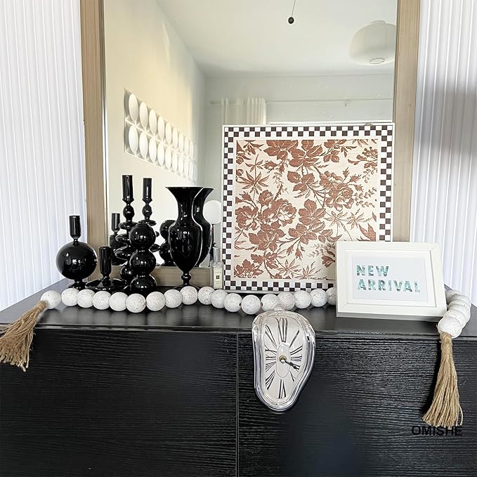 OMISHE 60" Long Extra Large Wood Bead Garland with 1.6" Diameter Wooden Beads and Tassels, Rustic Farmhouse Country Decorative Beads for Home Tiered Tray Decor, Rustic White