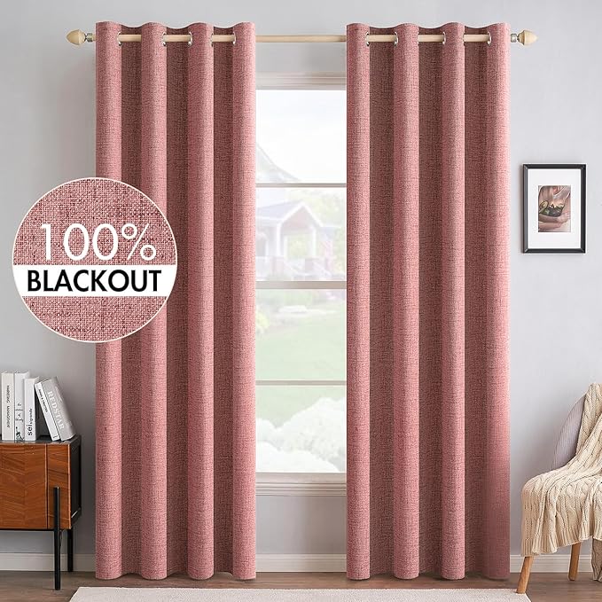 MIULEE 100% Blackout Linen Textured Curtains for Bedroom Solid Thermal Insulated Dusty Rose Grommet Room Darkening Curtains & Drapes Luxury Decor for Living Room Nursery 52 x 108 Inch (2 Panels)