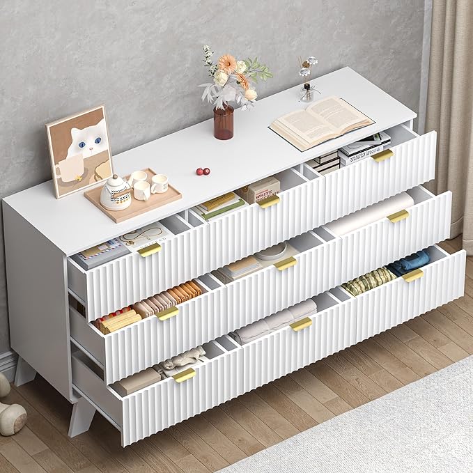 Fluted 9 Drawer Dresser, 57.1" Wide Modern Boho Chest of Drawers, Wooden Storage Dresser TV Stand for Bedroom, Living Room, Closet, Hallway, Curved Profile Design