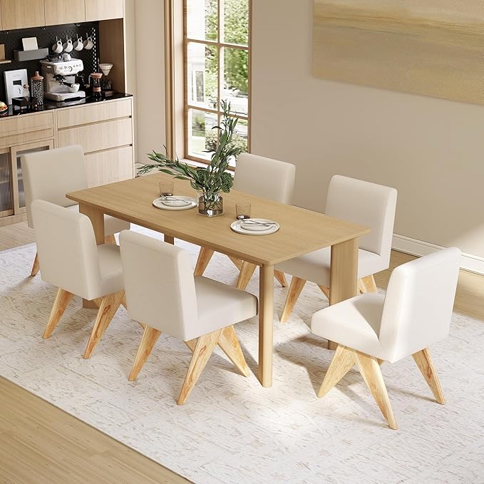 Mid Century Modern Farmhouse Dining Chairs Set of 6, Upholstered Armless Kitchen Chairs with Back and Wooden Legs, Linen Beige