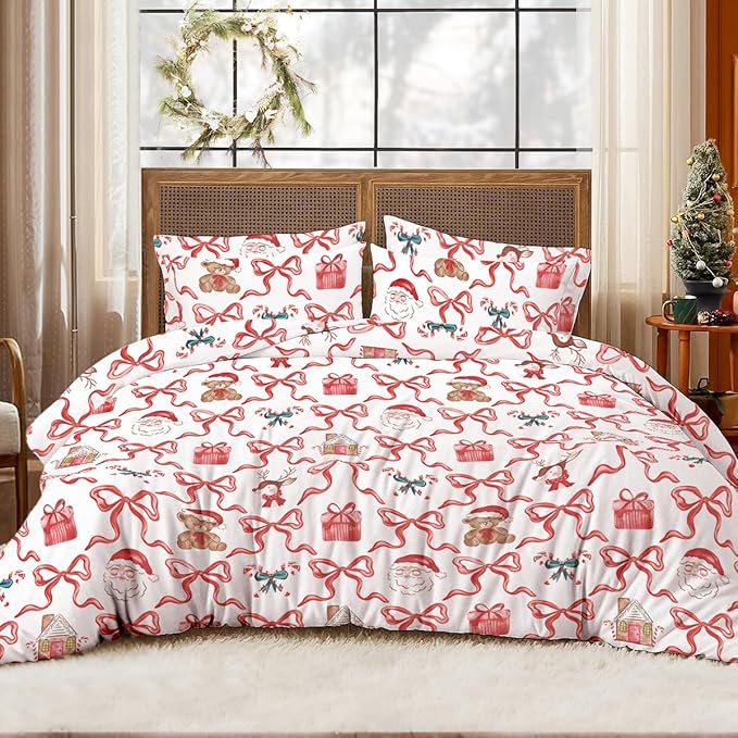 Christmas Comforter Set King Size,Red Christmas Bed Set with Reindeer, Bows and Santa Claus Bedding for Holiday, 3 Pieces 1 Reversible Comforter and 2 Pillowcases