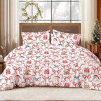 Christmas Comforter Set Queen Size,Red Christmas Bed Set with Reindeer, Bows and Santa Claus Bedding for Holiday, 3 Pieces 1 Reversible Comforter and 2 Pillowcases