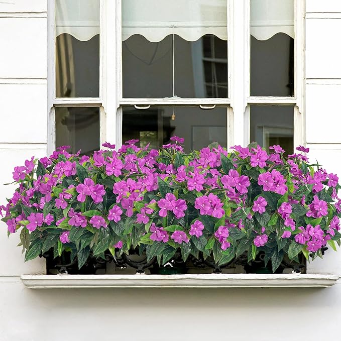 Artificial Impatiens Bouquet Flowers for Outdoors Silk Faux Flowers for Outdoor Impatiens Plants Decor Indoor Planters Kitchen Planters and Balcony Decorations 2PCS (Purple)