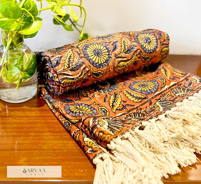 Handmade Cotton Throw Blanket | Floral Block Print in Orange & Navy | 48x70 Inches Fringed Bed Runner | Lightweight Boho Sofa Throw for Couch, Living Room & Bedroom Decor