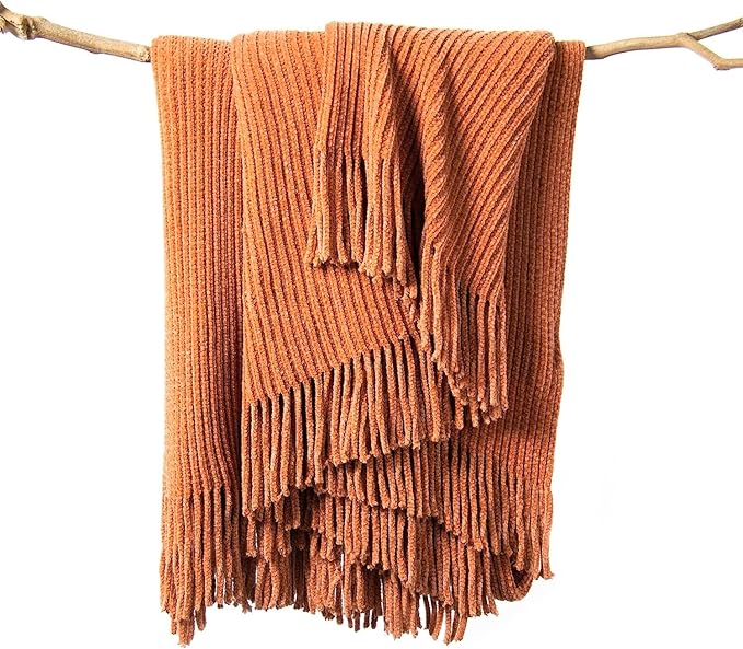 lifein Throw Blanket for Couch, Soft Boho Bed Throw,Cozy Burnt Orange Chenille Knitted Small Spring Lightweight Throw for Spring(Rust,50 * 60")