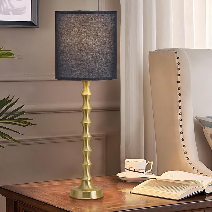 30.5" Gold Table Lamps with Black Shade Set of 2, Golden Buffet Table Lamp for Living Room, Modern Black Gold Lamps Set of 2 Tall Skinny, Tall Golden Bamboo Lamp for Home Office