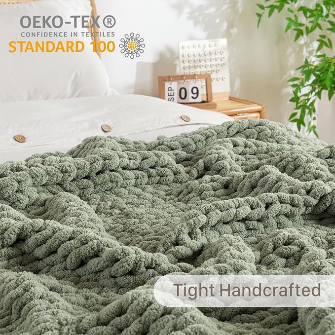 Chunky Knit Blanket Throw, 100% Hand Knit Throw Blanket Handmade Chenille Cable Knit Throw for Couch, Stylish Cozy Soft Rope Knot Crochet Blanket for Home Decor, Sage Green, 60x80 Inches