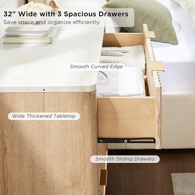 T4TREAM Fluted 3 Drawer Dresser, 32" Tall Modern Chest of Drawers with Faux Marble Top, Curved Profile Design, Wood Drawer Organizer for Bedroom, Living Room, Hallway, Entryway, Natural Oak