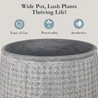 Worth Garden 12" Dia x 15" H Grey Round Planter – Lightweight Magnesium Oxide Cement Plant Pot with Texture – Raised Pattern Concrete Look – Drainage Hole – Indoor & Outdoor Use