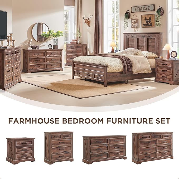ACCOHOHO Farmhouse 6 Drawer Dresser for Bedroom, 52 Inch Wide Modern Dresser TV Stand with Large Drawers & Bar Handles, Rustic Wood Chest of Drawers for Bedroom, Living Room, Hallway, Brown