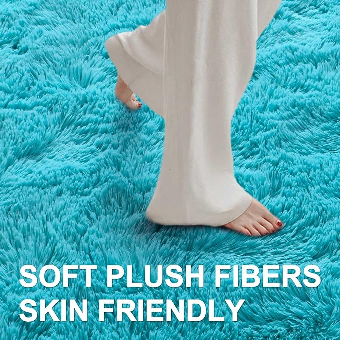 5x7 Ft Teal Shag Rugs for Bedroom Living Room Decor for Men Boys, Ultra Soft Fluffy Furry Area Rug for Indoor Floor, Aesthetic Carpet for Nursery Dorm Home Decor