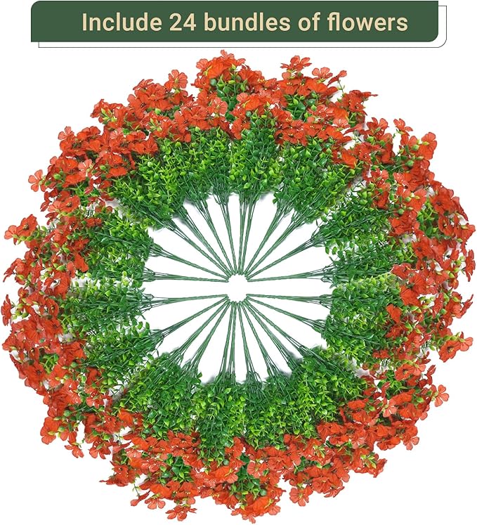 24 Bundles Artificial Flowers for Outdoors & Indoors – UV Resistant Faux Plastic Plants for Garden, Patio, Porch, Window Box, Home Decor – Lush & Vibrant Fake Flowers, Orange