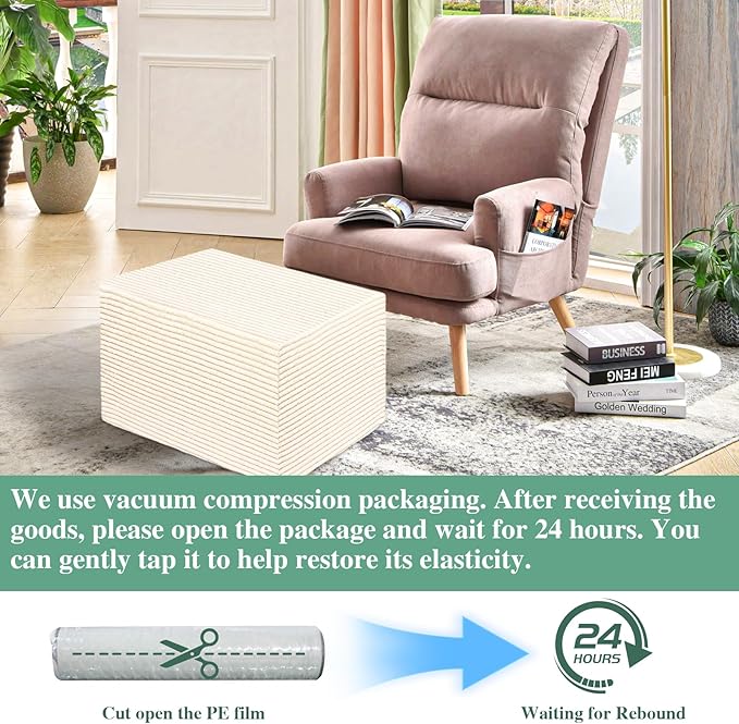 Rectangular Stuffed Pouf Ottoman with Foam Chunk Filling, Coral Fleece and Furry Fabric Design, Multi-Functional Floor Pouf for Living Room, Beige