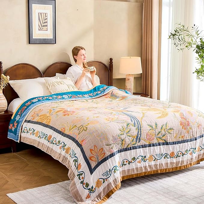 Boho Blanket, 100% Cotton Farmhouse Decorative Throw Blanket, 50"x60" Reversible Bohemian Throw Blanket, Brown All Season Muslin Breathable Woven Blankets Quilt