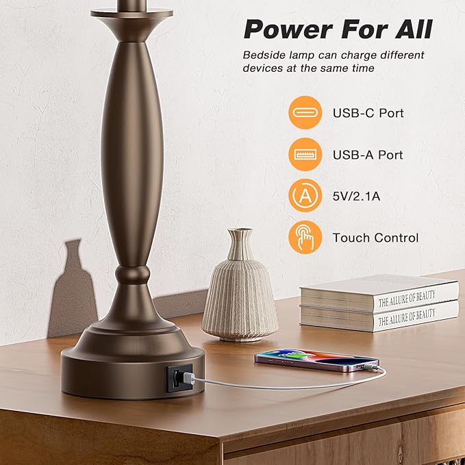 Beige Brown Lamps for Bedrooms Set of 2 - Touch Control Bedside Lamp with USB C+A, 3 Way Dimmable Nightstand Lamps with USB Port, Table Lamp for Living Room(Beige Shade and Brown Base)