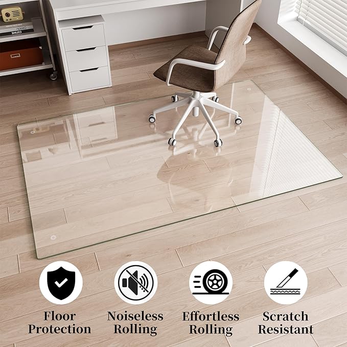 Glass Chair Mat 48" x 80" Heavy Duty Tempered Glass Mat, Office Glass Floor Mat with Round Corner and Polished Edge for Smooth Glide, Carpet Hardwood Floor Protector